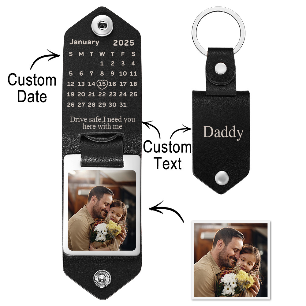 Custom Photo Leather Keychain With Text Father's Day Gift