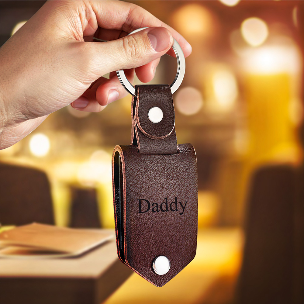 Custom Photo Leather Keychain With Text Father's Day Gift