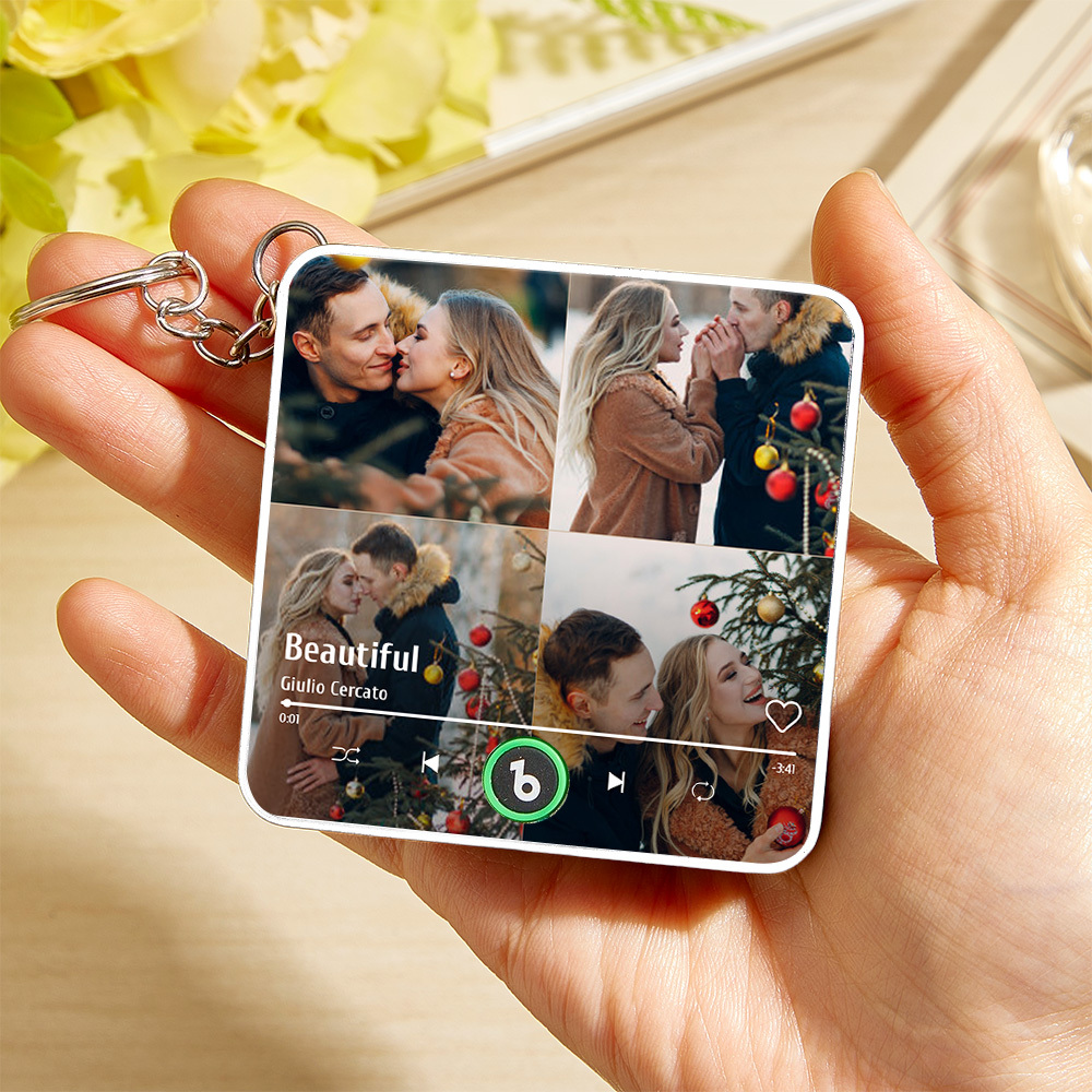 Personalized 4 Photo Music KeyChain Music Box Bag Charm That Plays Music Without Cell Phone Anniversary Gifts - CustWitUK