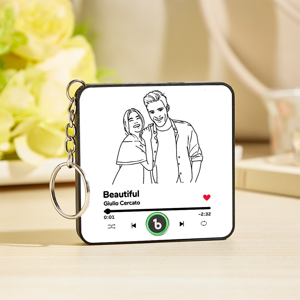 Personalized Lines Art Photo Music KeyChain Music Box Bag Charm That Plays Music Without Cell Phone Couple Gifts - CustWitUK