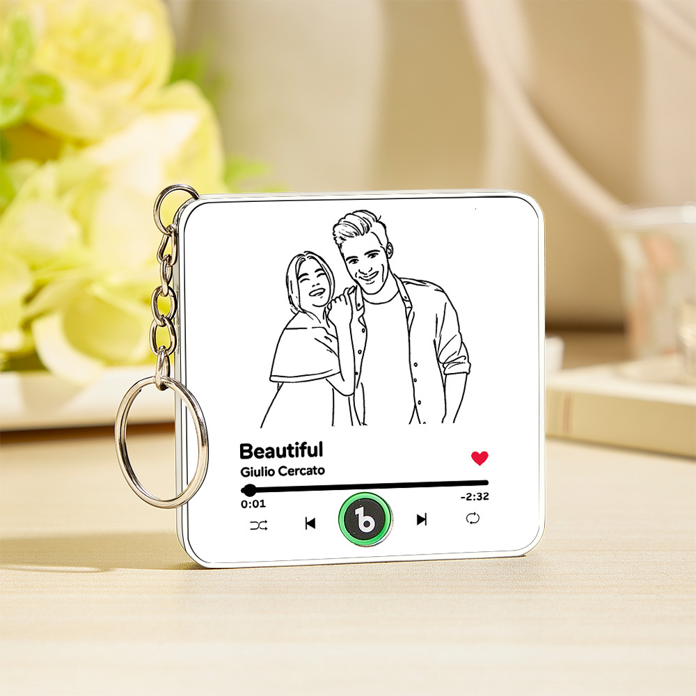 Personalized Lines Art Photo Music KeyChain Music Box Bag Charm That Plays Music Without Cell Phone Couple Gifts - CustWitUK