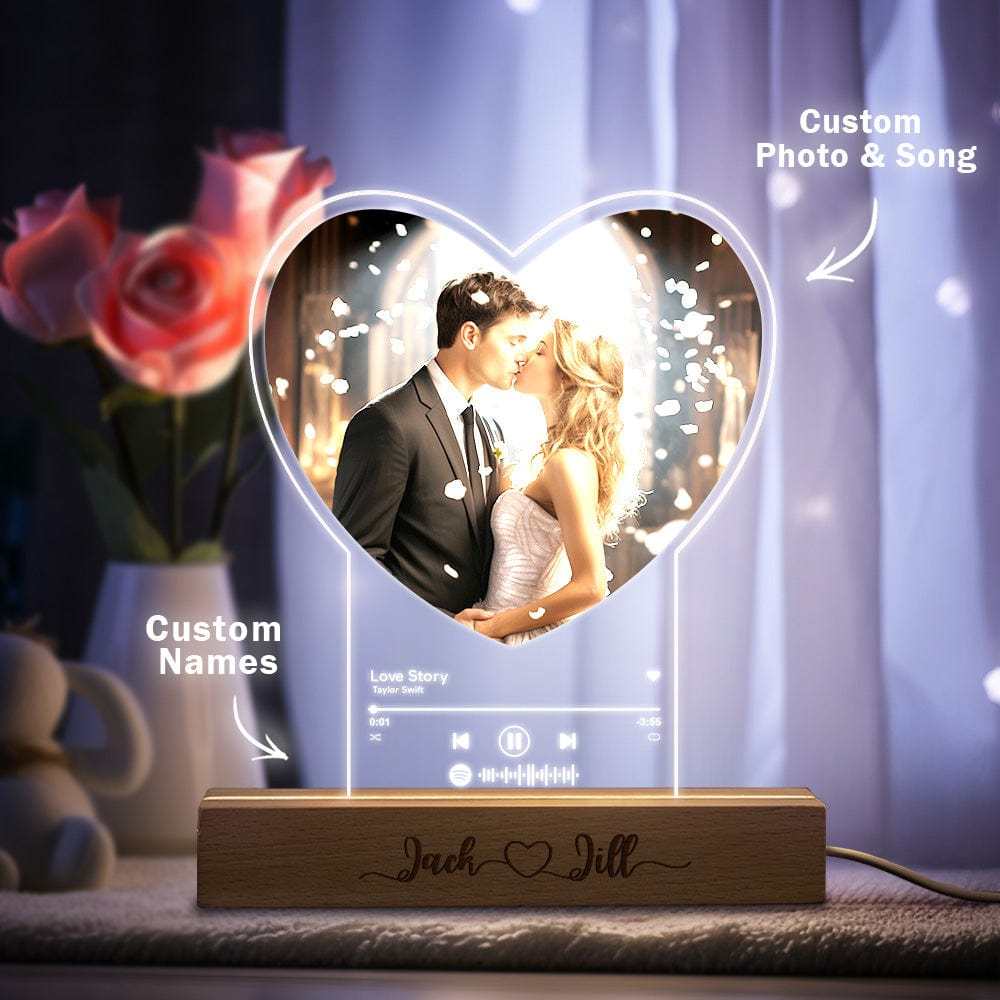 Personalized Photo Heart Shaped Acrylic Lamp Custom Night Light with Engraved Wood Base Gift for Couple - CustWitUK