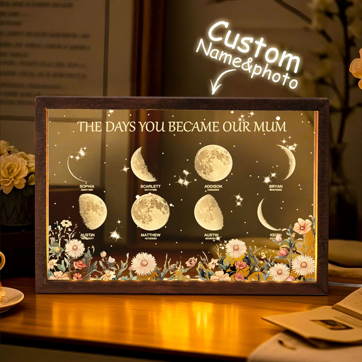 Personalized The Days You Became Our Mum Moon Phase Lightbox Mother's Day GiftsWood Base