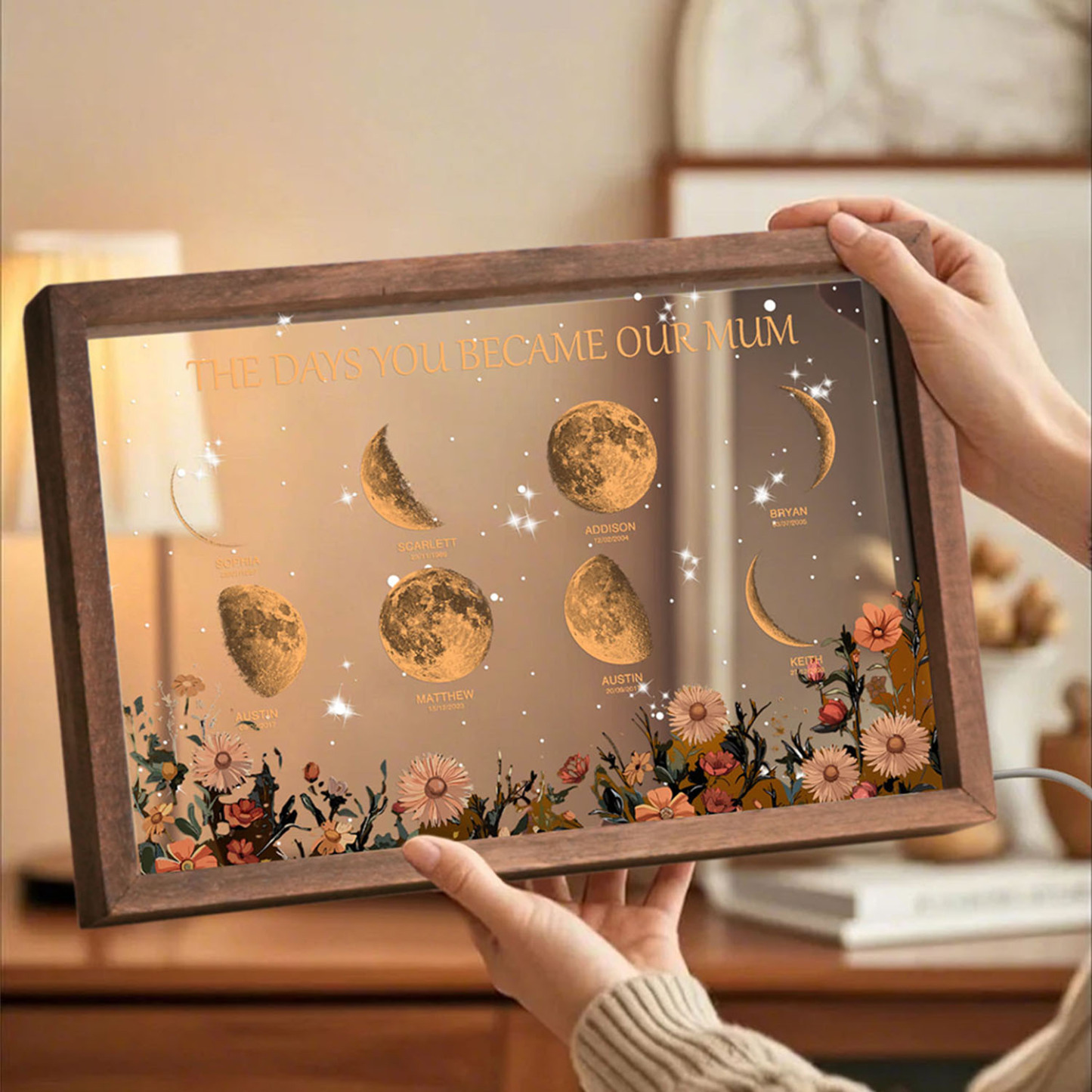 Personalized The Days You Became Our Mum Moon Phase Lightbox Mother's Day GiftsWood Base