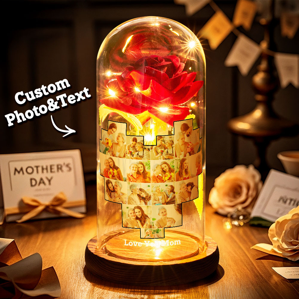 Custom Photo And Text Eternal Rose LED Night Light Personalized Heart Shape Photo Night Light for Mother's Day Gift