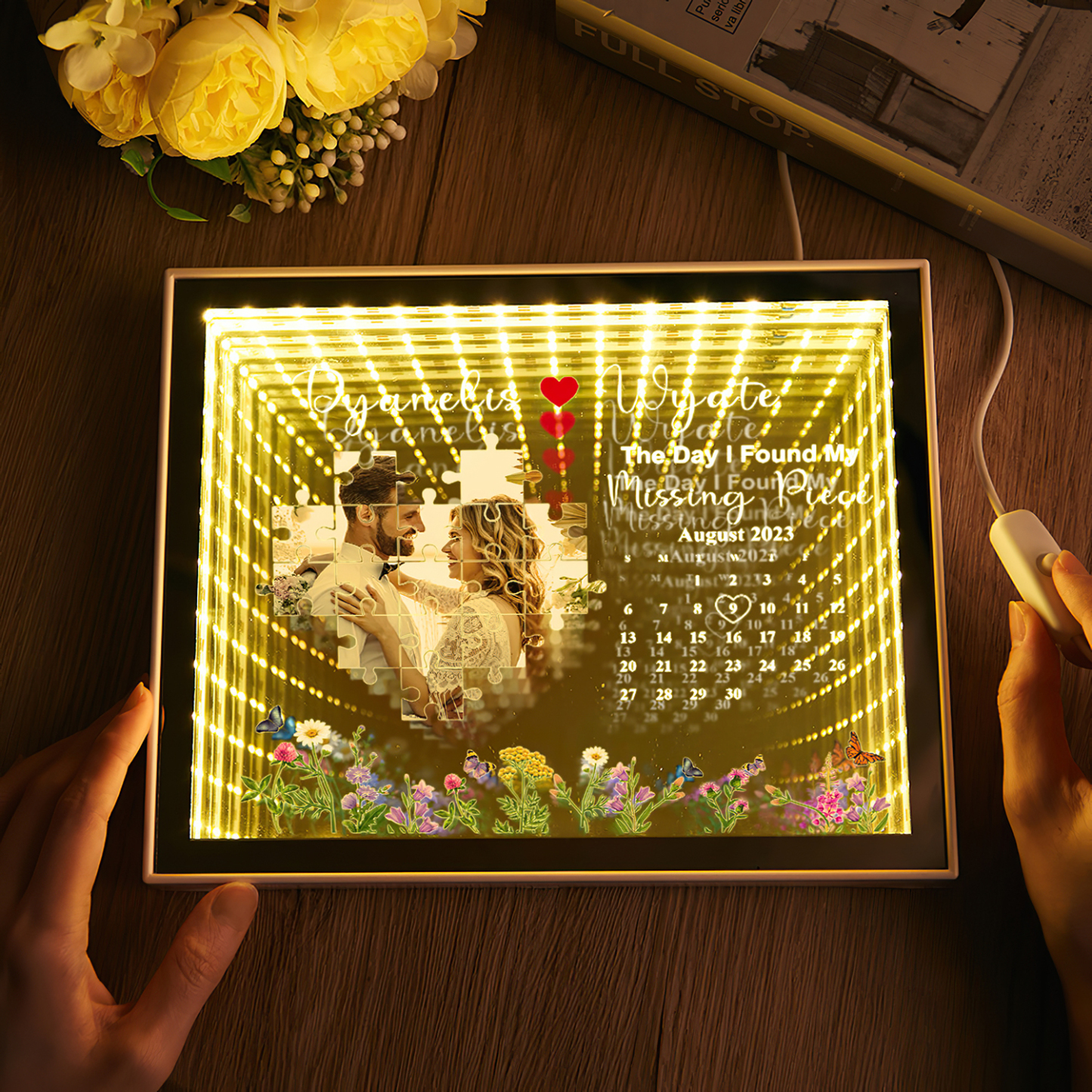 The Day I Found My Missing Piece Light Customize Photo and Calendar Custom Name Personalized Gift For Couple - CustWitUK