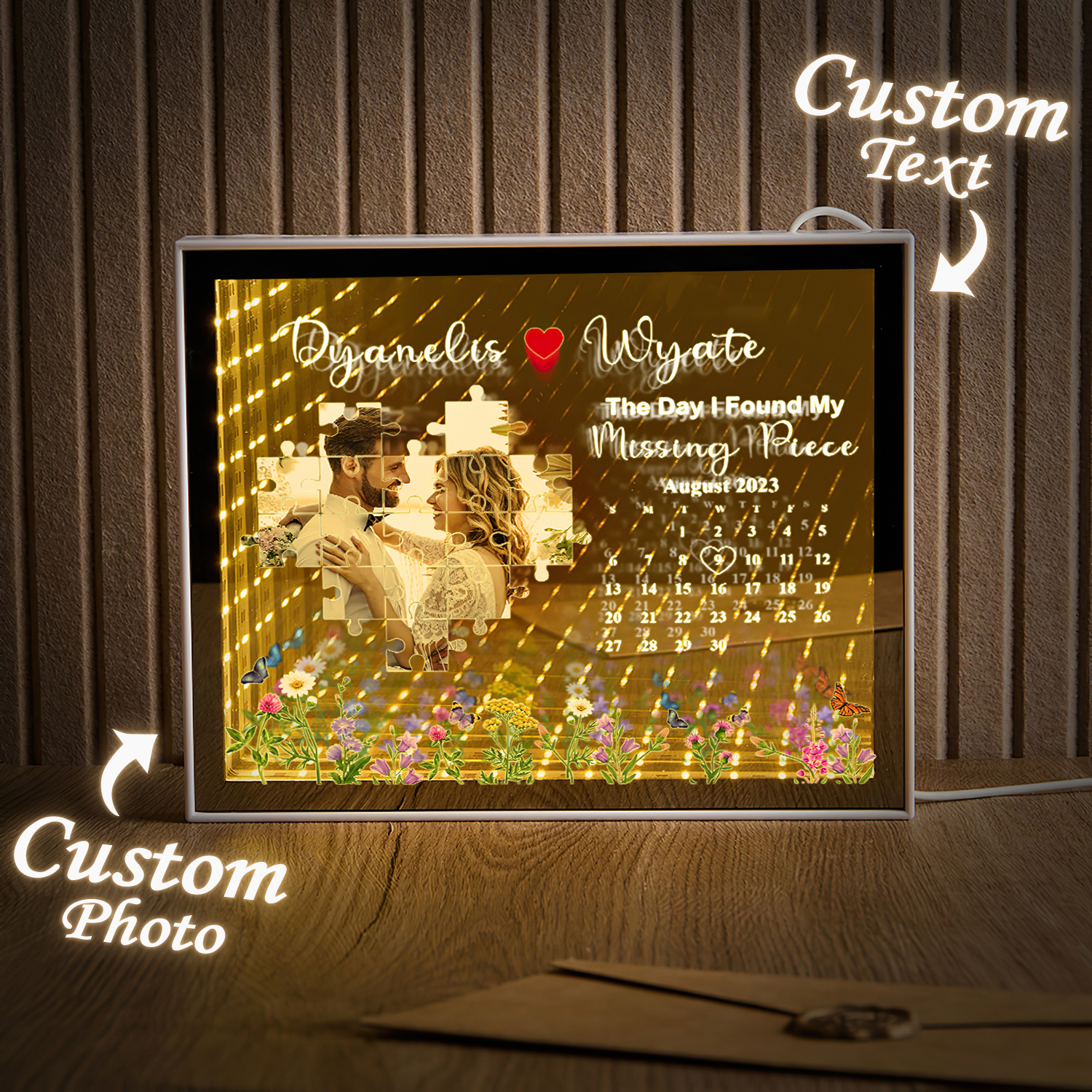 The Day I Found My Missing Piece Light Customize Photo and Calendar Custom Name Personalized Gift For Couple