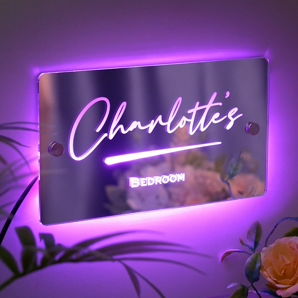 Anniversary Gifts Personalised Name Mirror Sign Custom LED illuminated Light-Up Bedroom Sign - CustWitUK