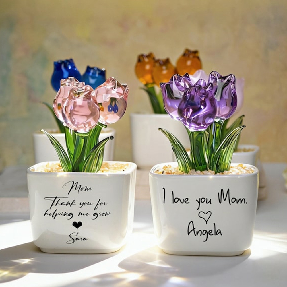 Custom Tulip Glass Flower Pot With Text, Gift for Mum, Mom, Mother, Happy Mother's Day