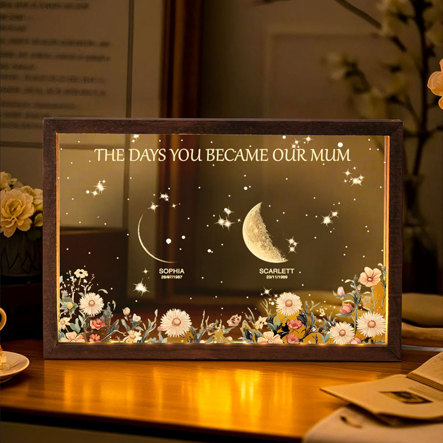 Personalized The Days You Became Our Mum Moon Phase Lightbox Mother's Day GiftsWood Base
