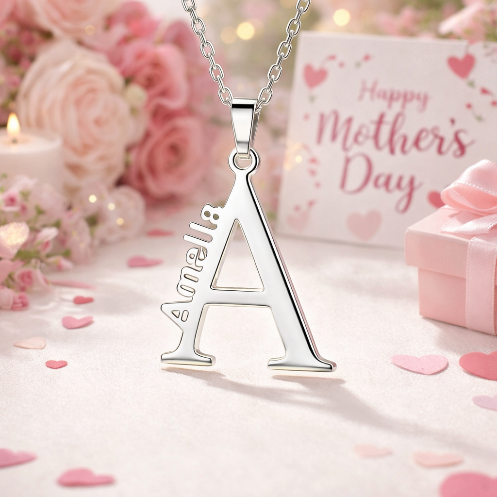 Personalized Large Initial Name Charm Necklace, Minimalist Stainless Steel Sideways Name Jewelry, Birthday/Anniversary Gift for Mom/Girlfriend/Her