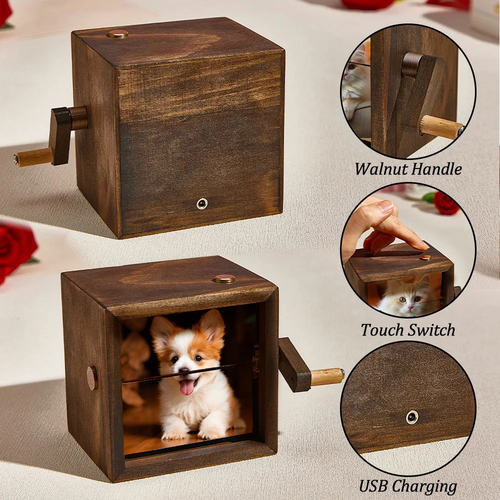 Custom Flip Book Dog Frame Animation Machine Mechanical Hand-cranked Photo Album with Light Black Walnut Baby Photo Cube Frame Creative Gift - CustWitUK