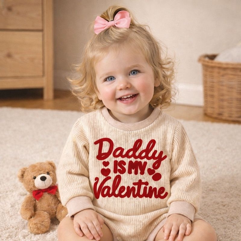 Personalized Text Inafnt Baby Girl Valentine's Day Outfit Heart Bubble Romper Jumpsuit Bodysuit Newborn Fall Waffle Clothes