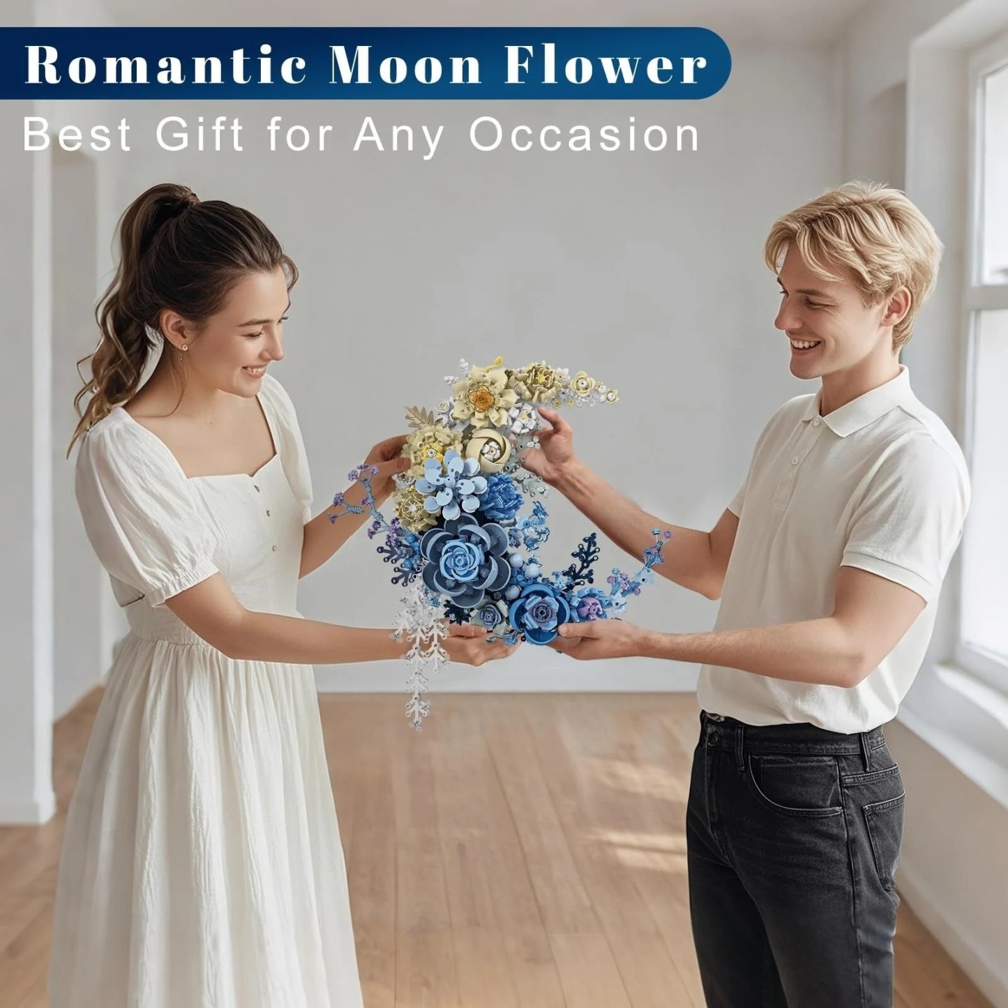 Blue Moon Flower Building Set, Botanical Collection Crescent-Shaped Artificial Flowers Building Blocks Kit Compatible with Lego for Adults Home Décor Wall Art Decoration