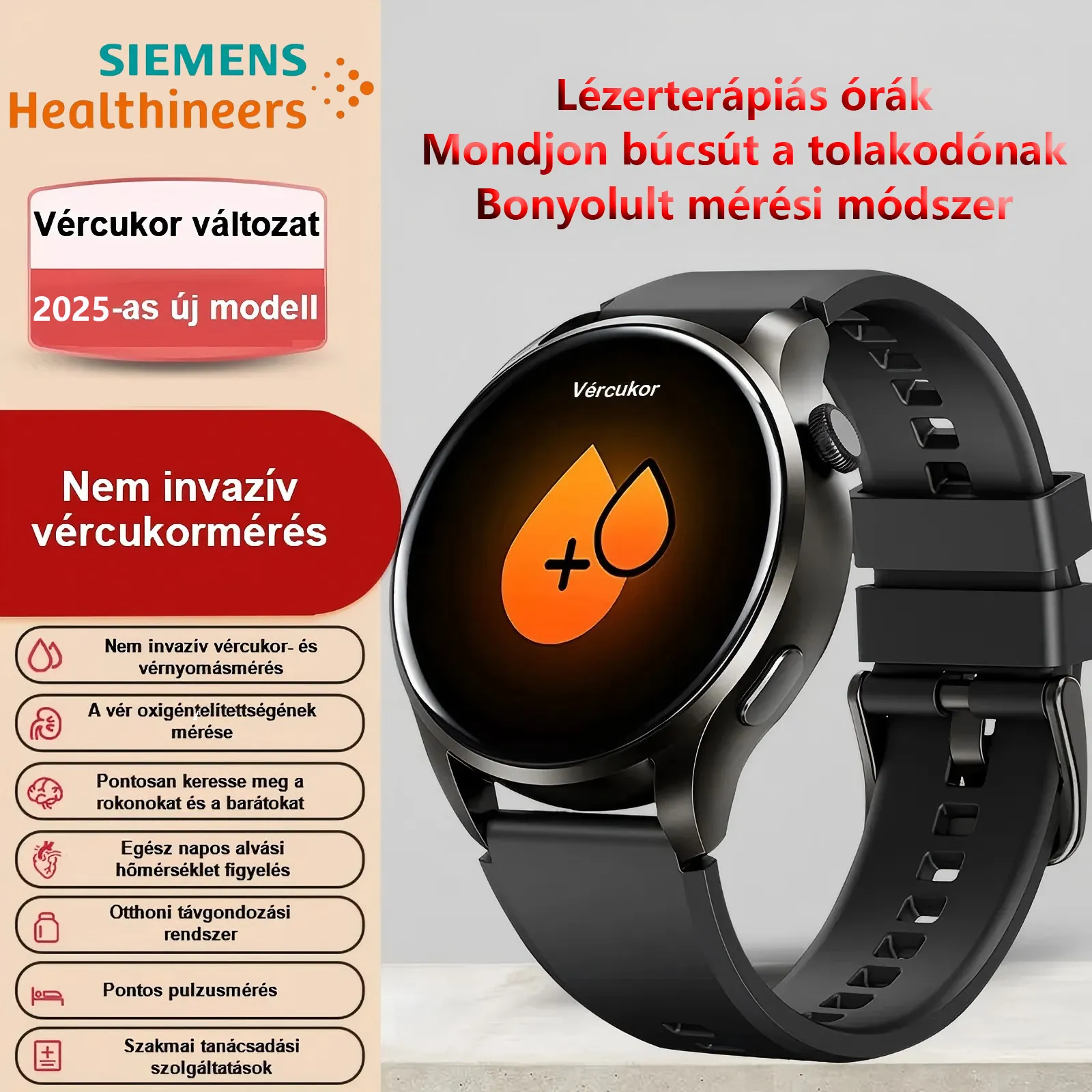 Siemens nagy pontosságú, nem invazív vércukormérő lézerterápiás óra