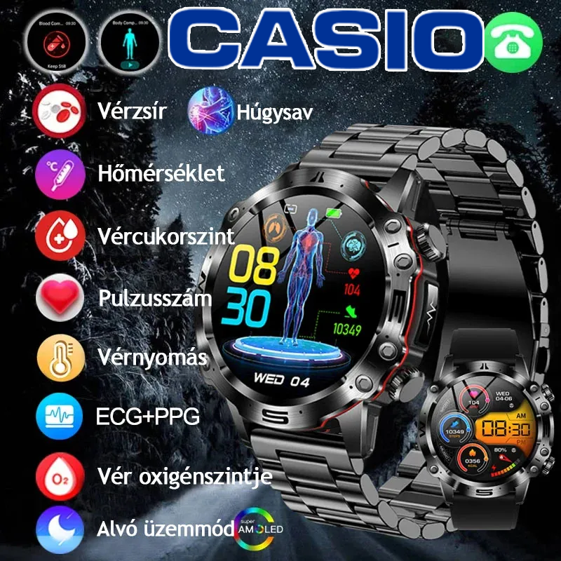 Casio AI-val felszerelt orvosi diagnosztikás okosóra – 2025-ös új óra vérzsír-, húgysav- és vércukorszint-méréssel – EKG+PPG, fitneszkövető