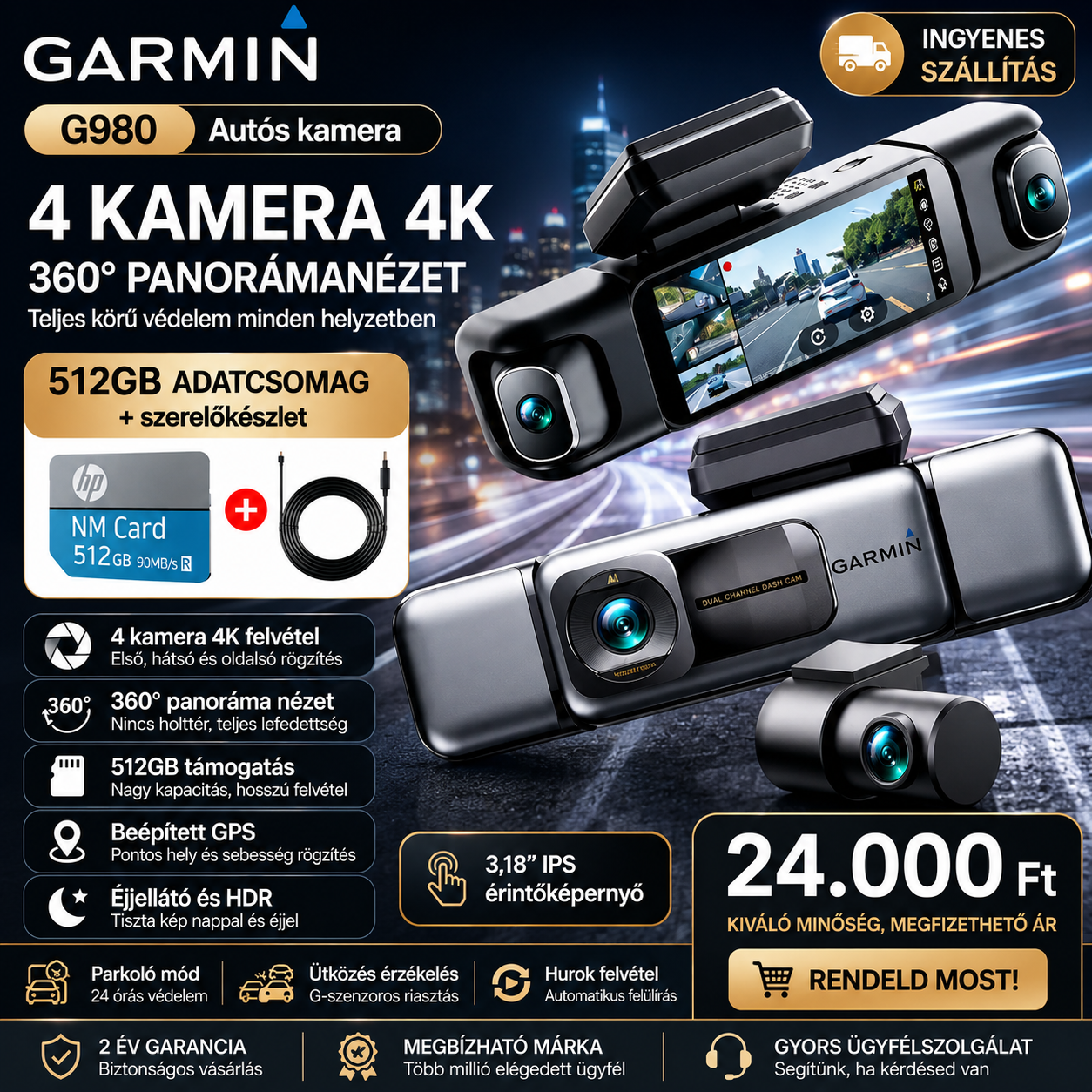 🚗 Egész napos védelem autójának｜Garmin G980 négykamerás 360° panorámás autós kamera, 4K éjjellátás + GPS követés