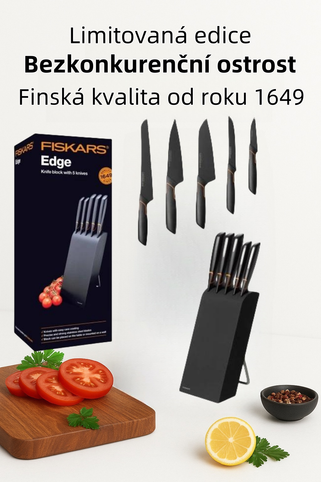 🍽️ Limitovaná edice | 5dílná sada nožů FISKARS® v bloku EDGE BLOCK – ostrý kuchyňský nůž + brusná sada
