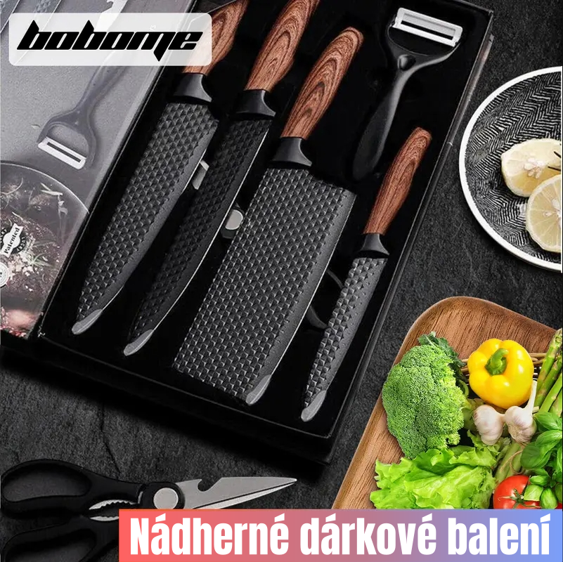 Sada 6 kuchyňských nožů - sada kuchařských nožů s nepřilnavou nerezovou ocelí a ergonomickou dřevěnou rukojetí - kuchyňské nože, blok na nože, dřevo