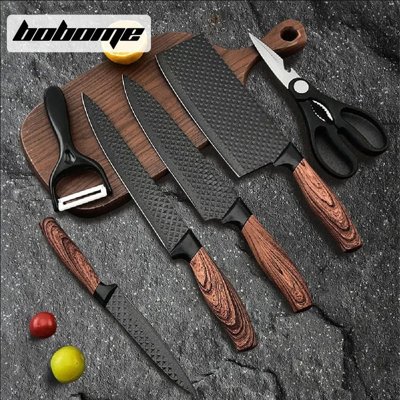 Sada 6 kuchyňských nožů - sada kuchařských nožů s nepřilnavou nerezovou ocelí a ergonomickou dřevěnou rukojetí - kuchyňské nože, blok na nože, dřevo