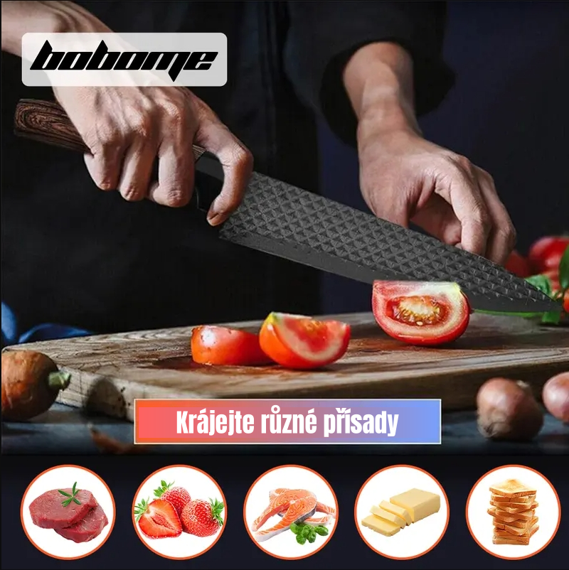 Sada 6 kuchyňských nožů - sada kuchařských nožů s nepřilnavou nerezovou ocelí a ergonomickou dřevěnou rukojetí - kuchyňské nože, blok na nože, dřevo