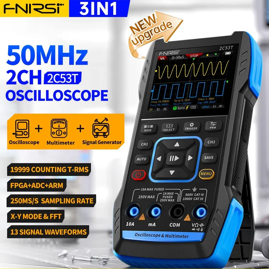 FNIRSI® 2C53T 50MHz 250MS/S Ruční 3v1 osciloskopový multimetr generátor signálu