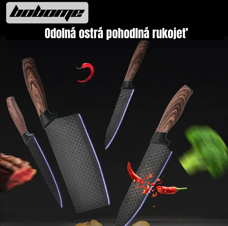 Sada 6 kuchyňských nožů - sada kuchařských nožů s nepřilnavou nerezovou ocelí a ergonomickou dřevěnou rukojetí - kuchyňské nože, blok na nože, dřevo
