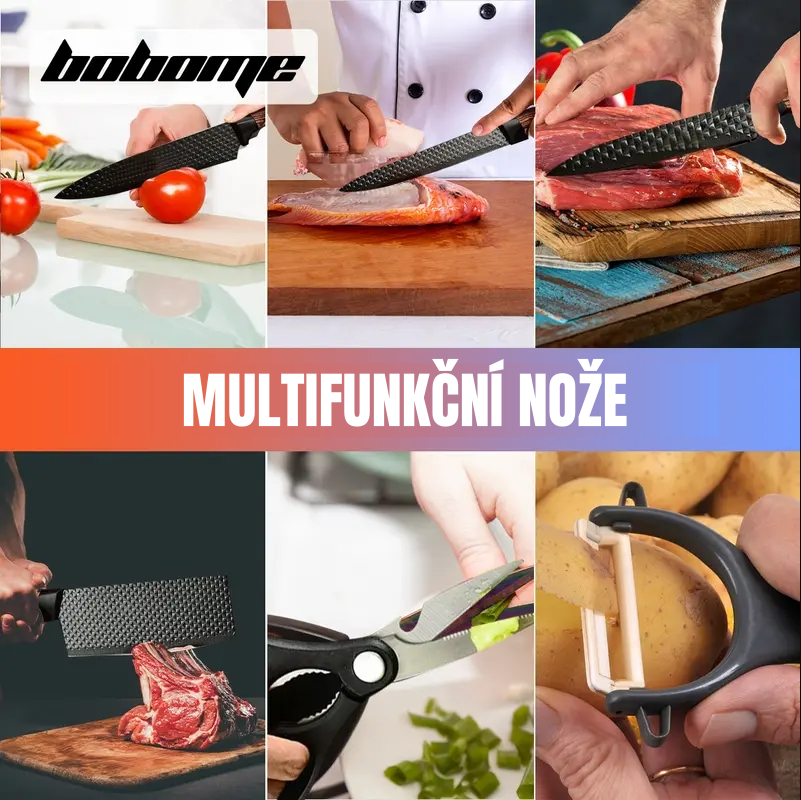 Sada 6 kuchyňských nožů - sada kuchařských nožů s nepřilnavou nerezovou ocelí a ergonomickou dřevěnou rukojetí - kuchyňské nože, blok na nože, dřevo