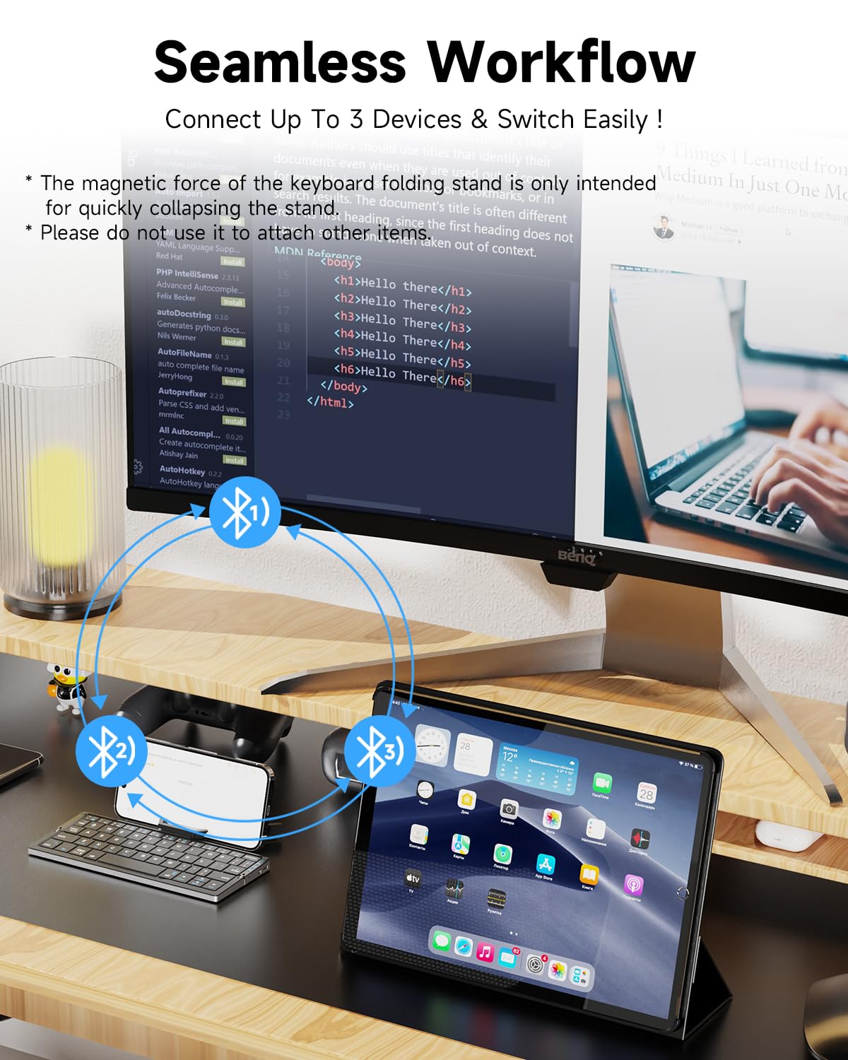 SIKAI CASE Skládací Bluetooth klávesnice s magnetickým držákem, hliníková slitina, mini tichá skládací, přenosná, lehká, cestovní, dobíjecí, kapsa pro tablety, iPady, mobilní telefony, černá