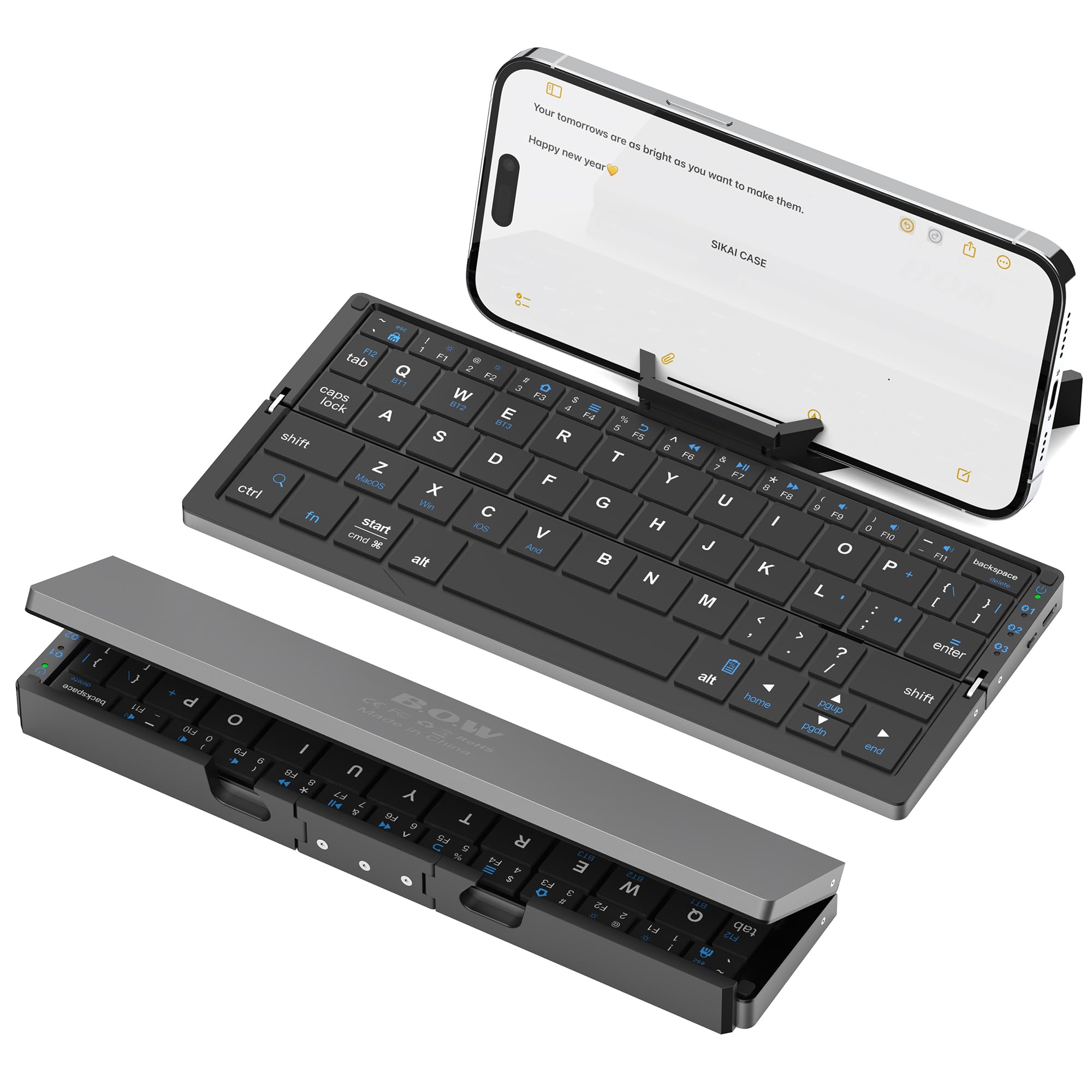 SIKAI CASE Skládací Bluetooth klávesnice s magnetickým držákem, hliníková slitina, mini tichá skládací, přenosná, lehká, cestovní, dobíjecí, kapsa pro tablety, iPady, mobilní telefony, černá