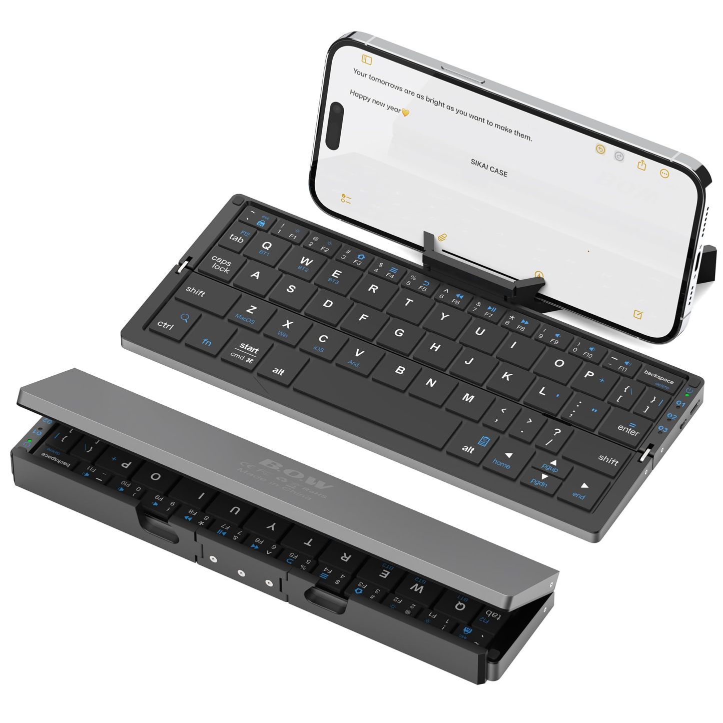 SIKAI CASE Skládací Bluetooth klávesnice s magnetickým držákem, hliníková slitina, mini tichá skládací, přenosná, lehká, cestovní, dobíjecí, kapsa pro tablety, iPady, mobilní telefony, černá