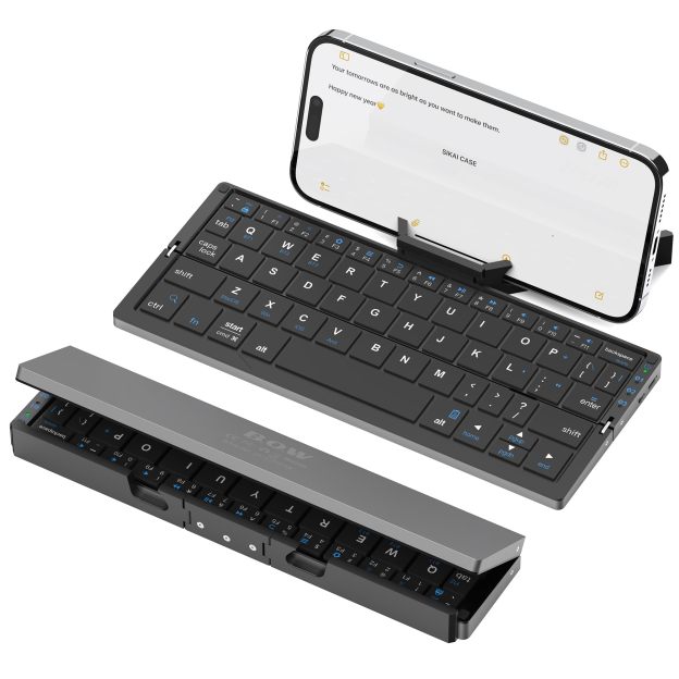SIKAI CASE Skládací Bluetooth klávesnice s magnetickým držákem, hliníková slitina, mini tichá skládací, přenosná, lehká, cestovní, dobíjecí, kapsa pro tablety, iPady, mobilní telefony, černá