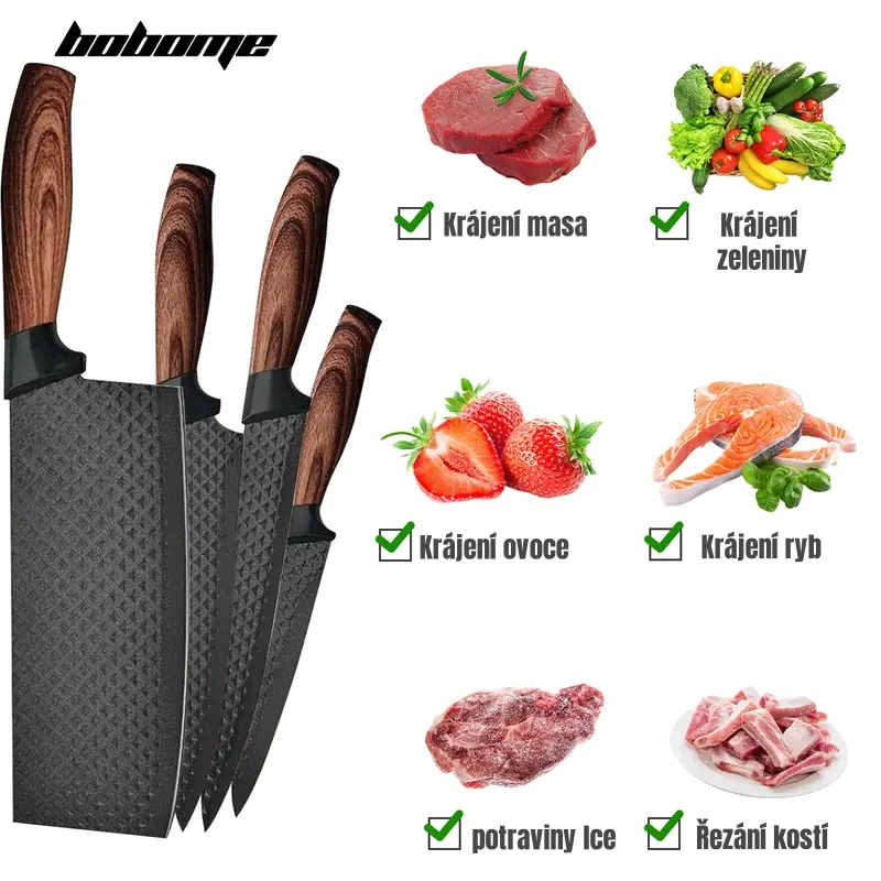 Sada 6 kuchyňských nožů - sada kuchařských nožů s nepřilnavou nerezovou ocelí a ergonomickou dřevěnou rukojetí - kuchyňské nože, blok na nože, dřevo