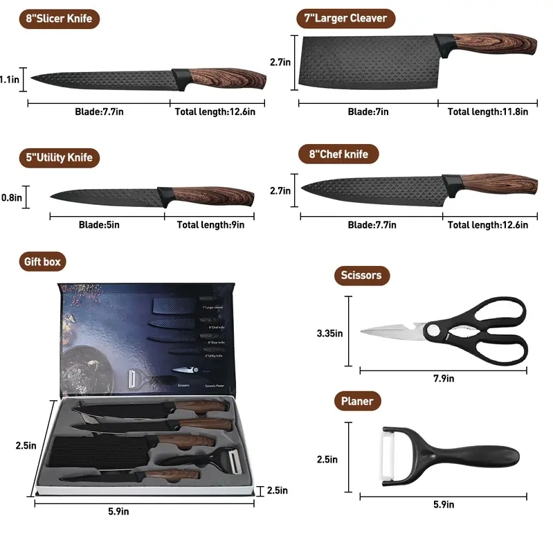 Sada 6 kuchyňských nožů - sada kuchařských nožů s nepřilnavou nerezovou ocelí a ergonomickou dřevěnou rukojetí - kuchyňské nože, blok na nože, dřevo