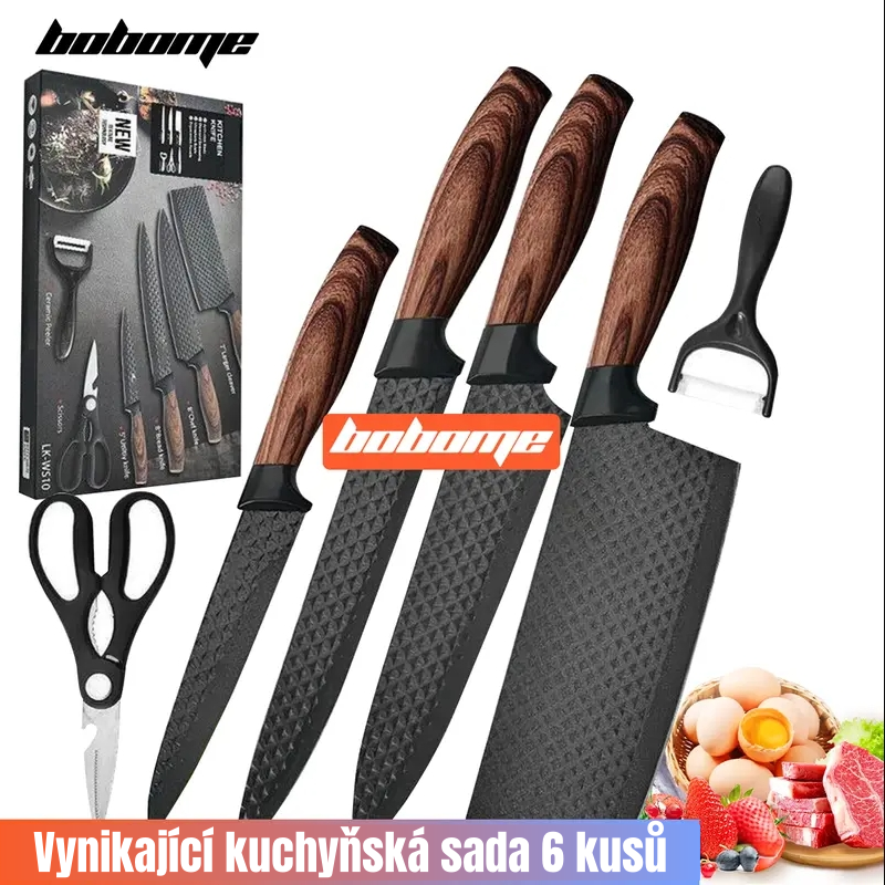 Sada 6 kuchyňských nožů - sada kuchařských nožů s nepřilnavou nerezovou ocelí a ergonomickou dřevěnou rukojetí - kuchyňské nože, blok na nože, dřevo
