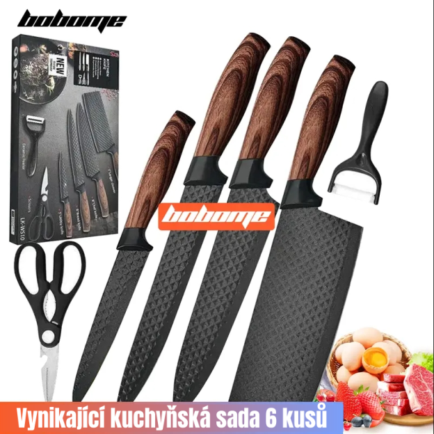 Sada 6 kuchyňských nožů - sada kuchařských nožů s nepřilnavou nerezovou ocelí a ergonomickou dřevěnou rukojetí - kuchyňské nože, blok na nože, dřevo