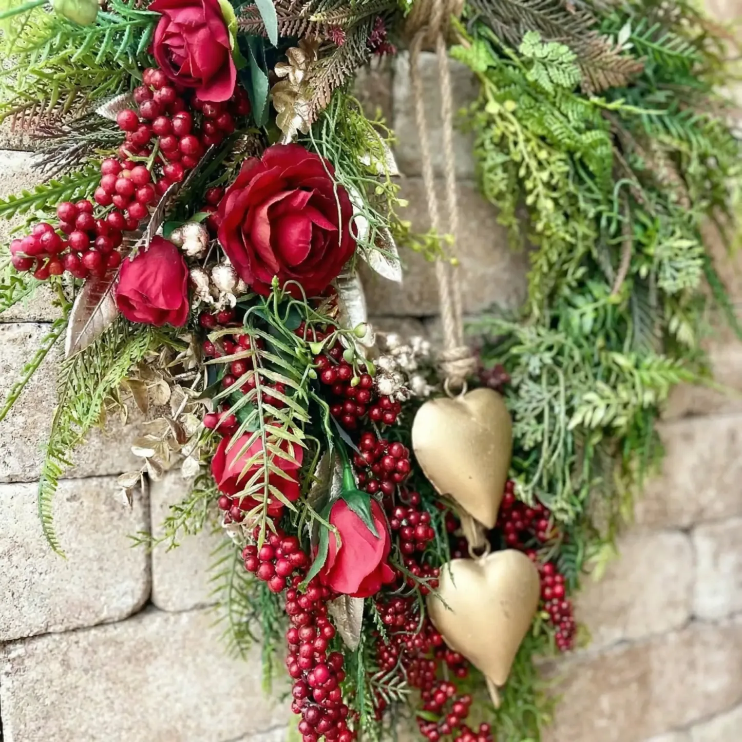 Farmhouse Valentine Heart Wreath with Gold Heart Bells, Red Roses & Berry Greenery (18" x 25")