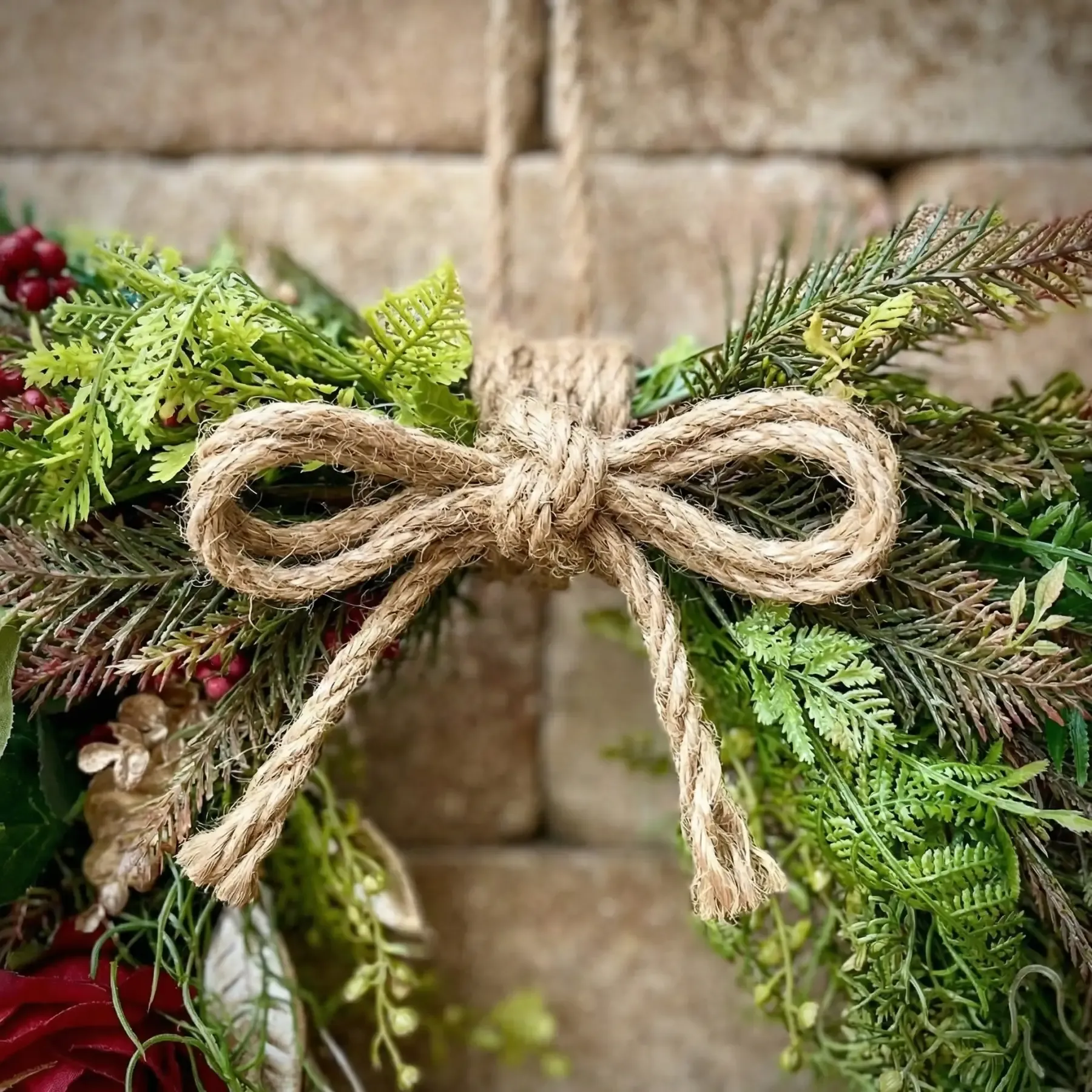 Farmhouse Valentine Heart Wreath with Gold Heart Bells, Red Roses & Berry Greenery (18" x 25")