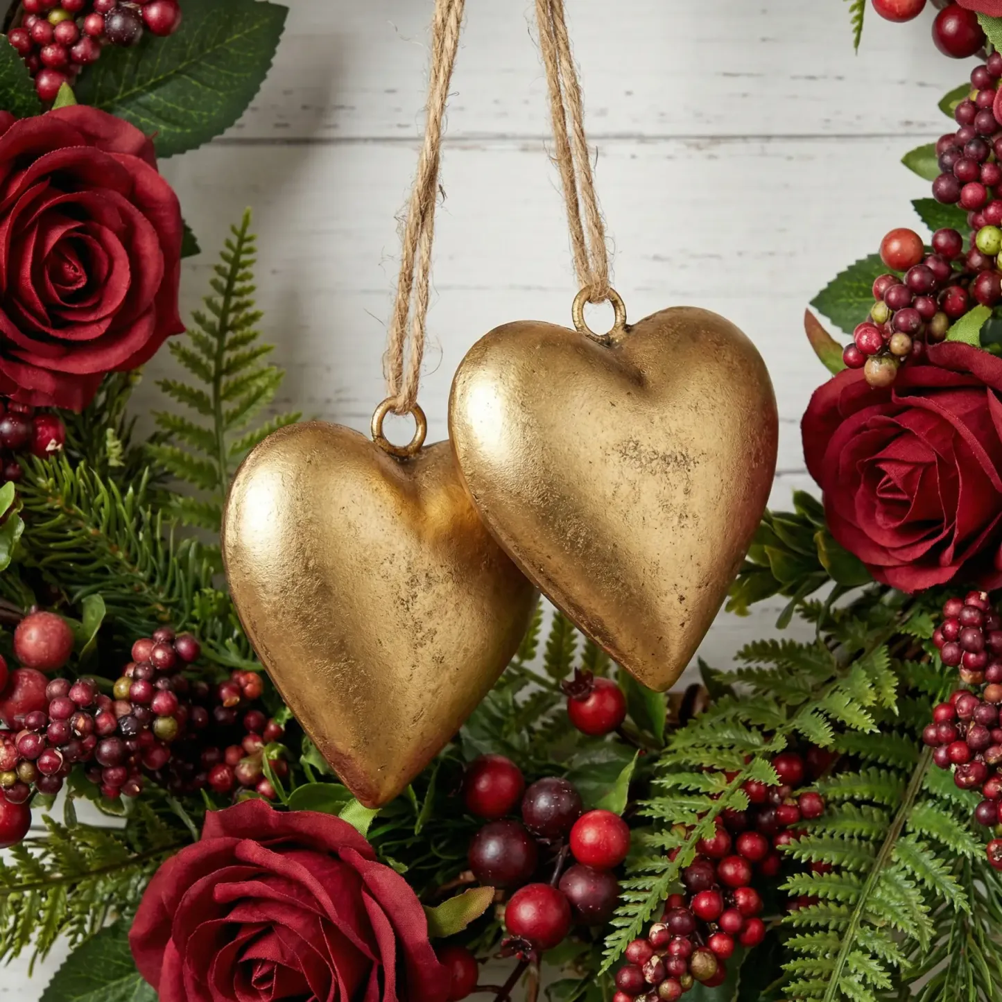 Farmhouse Valentine Heart Wreath with Gold Heart Bells, Red Roses & Berry Greenery (18" x 25")