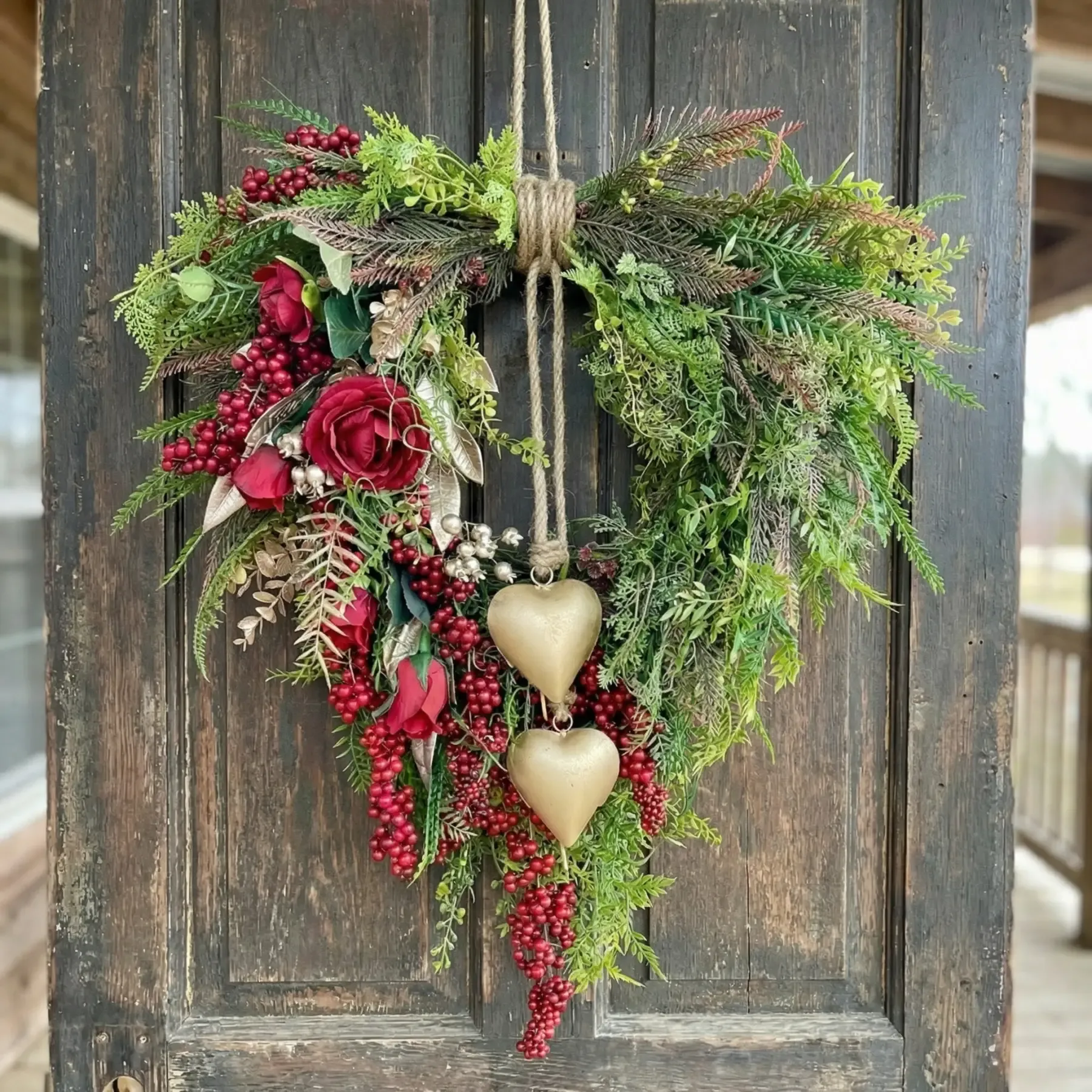 Farmhouse Valentine Heart Wreath with Gold Heart Bells, Red Roses & Berry Greenery (18" x 25")