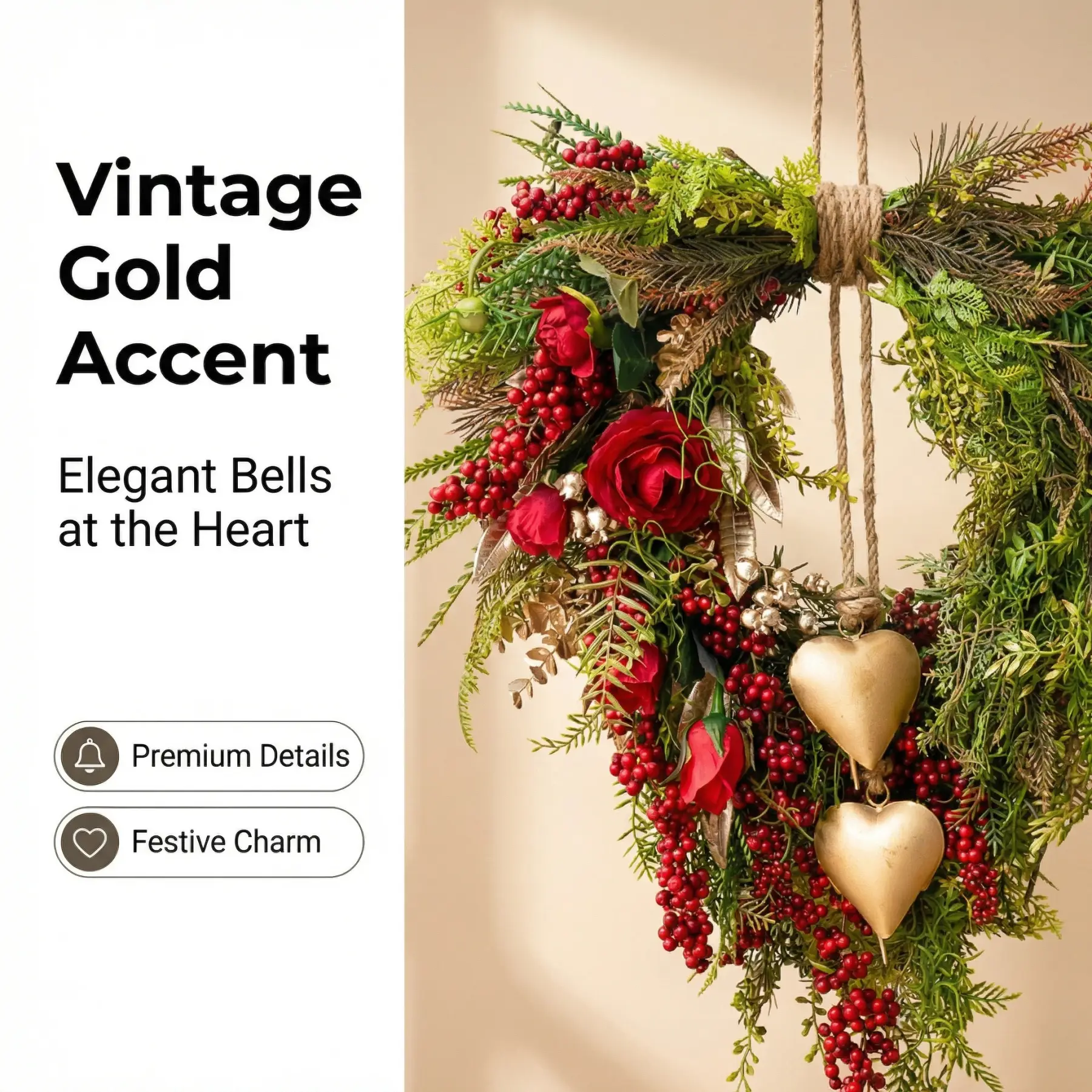 Farmhouse Valentine Heart Wreath with Gold Heart Bells, Red Roses & Berry Greenery (18" x 25")