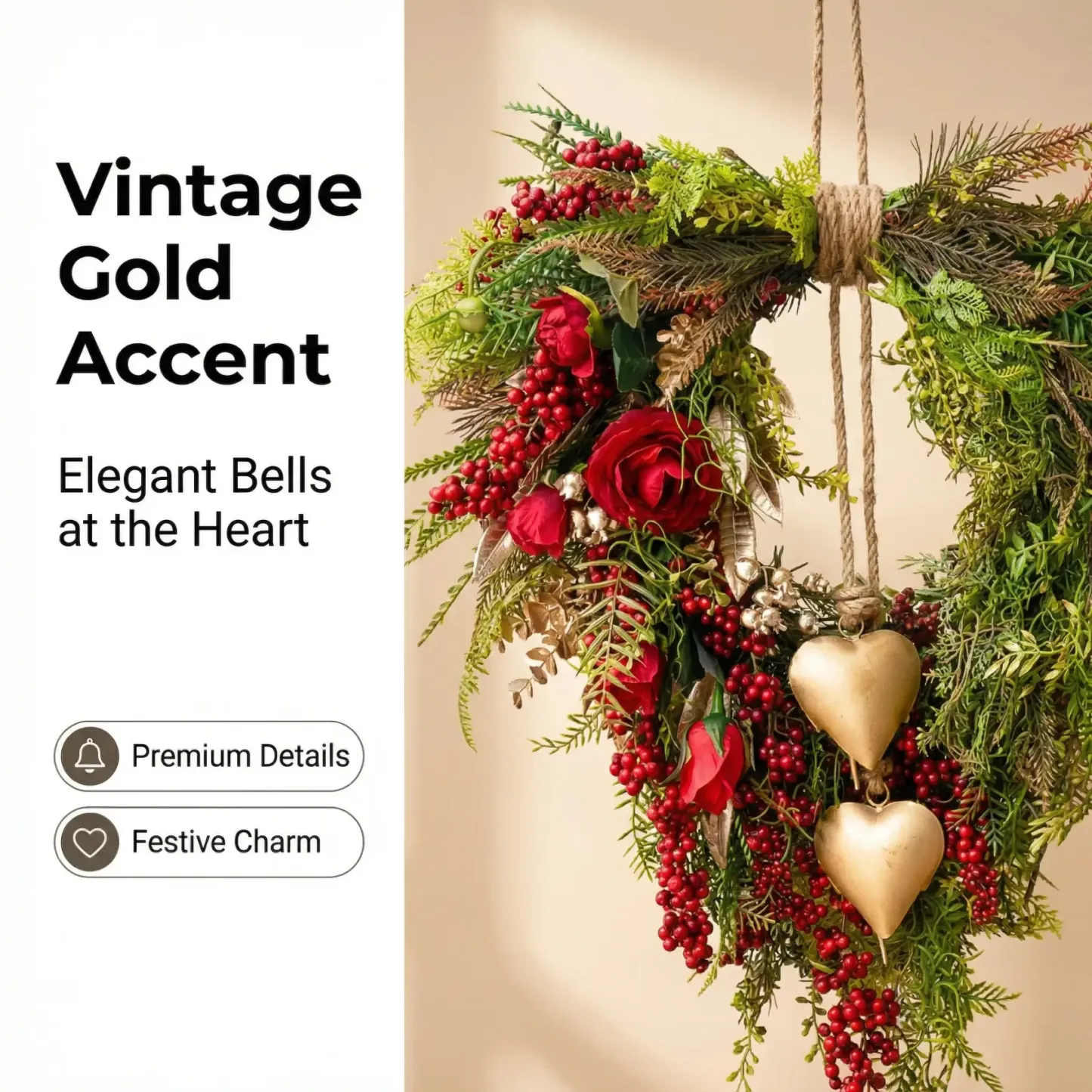 Farmhouse Valentine Heart Wreath with Gold Heart Bells, Red Roses & Berry Greenery (18" x 25")
