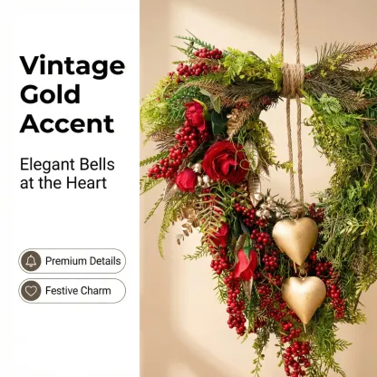 Farmhouse Valentine Heart Wreath with Gold Heart Bells, Red Roses & Berry Greenery (18" x 25")