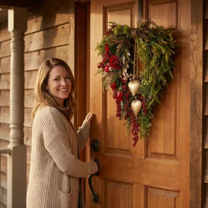 Farmhouse Valentine Heart Wreath with Gold Heart Bells, Red Roses & Berry Greenery (18" x 25")
