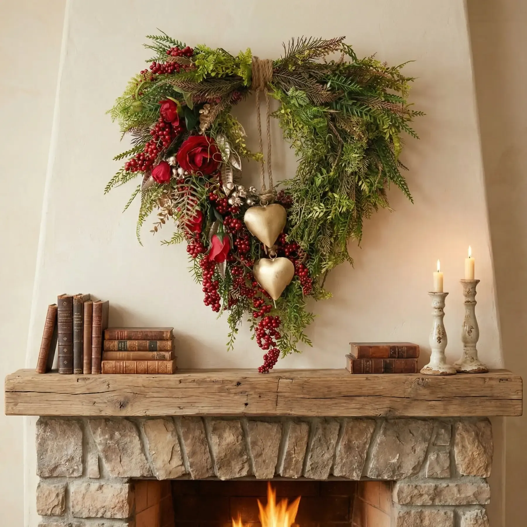 Farmhouse Valentine Heart Wreath with Gold Heart Bells, Red Roses & Berry Greenery (18" x 25")
