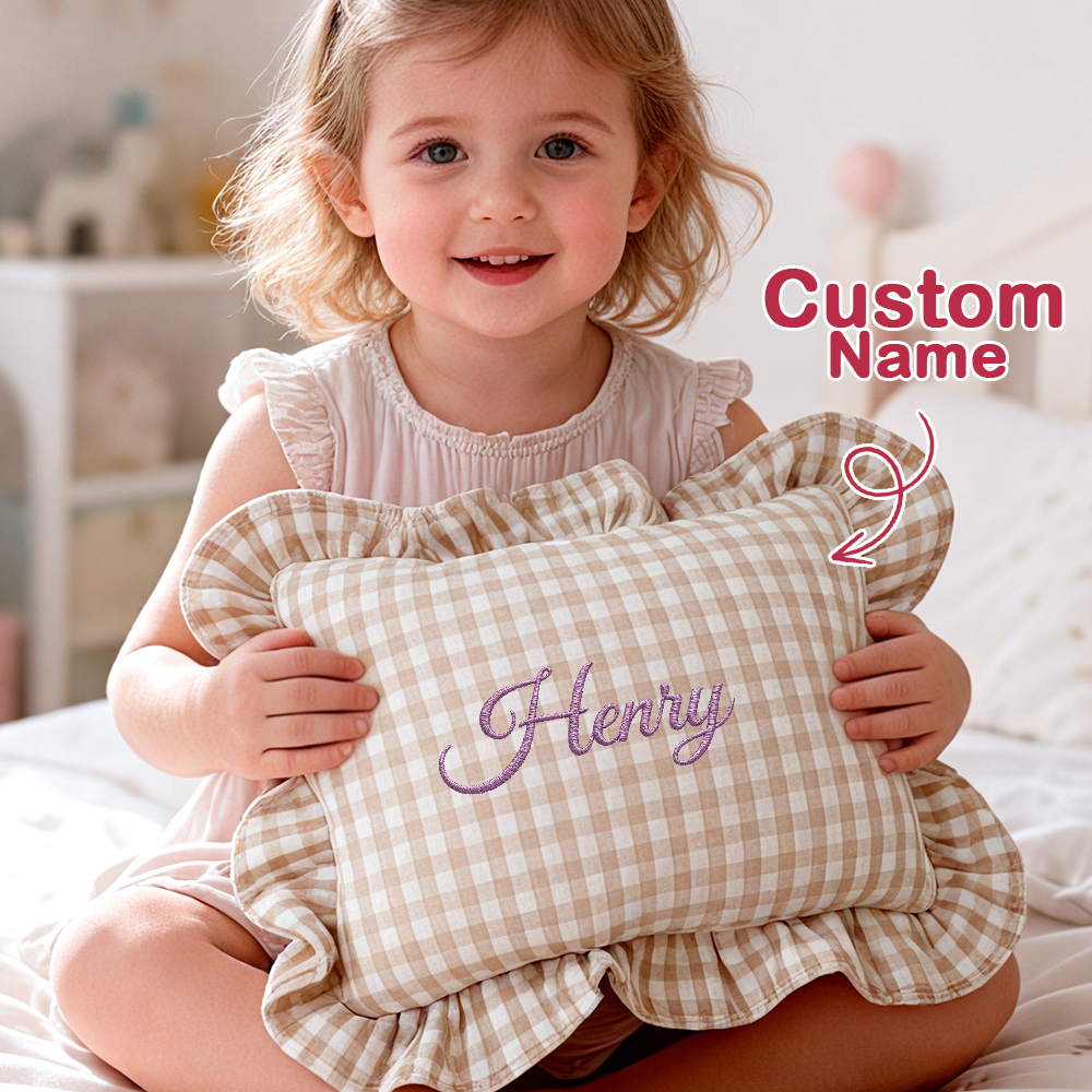 Cojín De Bebé A Cuadros Bordado Personalizado - Almohada De Estilo Nórdico Con Volantes, Regalo Para Baby Shower