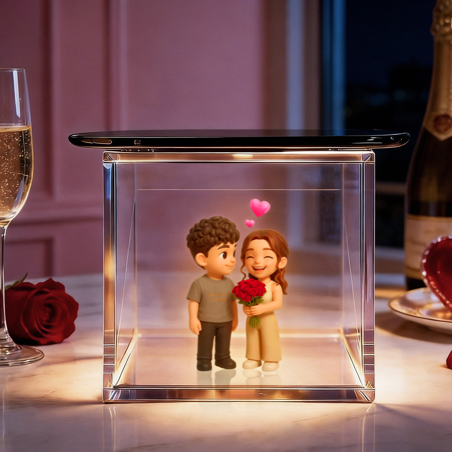 Vídeo Holográfico De Pareja De Dibujos Animados En 3d Con Lumina Boxes | Imagen Holográfica De Alta Transmitancia Para Regalo De San Valentín