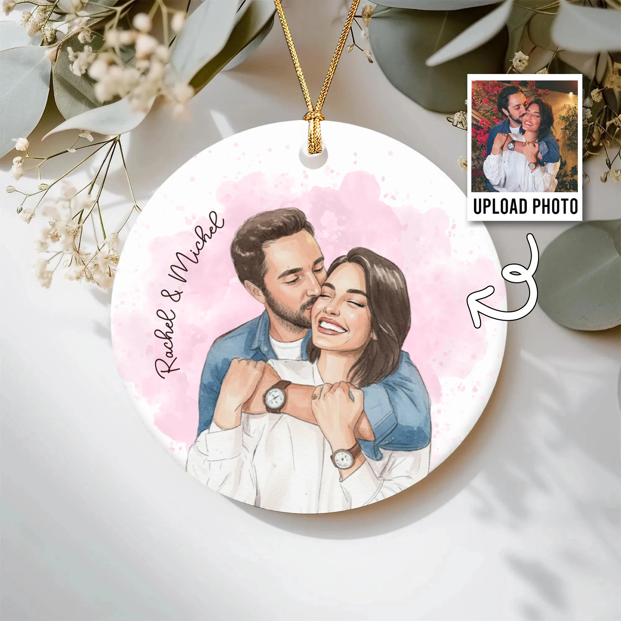 Adorno Personalizado en Acuarela – Foto y Nombres, Regalo Romántico para Tu Pareja