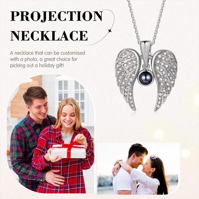 Collar Personalizado con Foto Proyectable – Colgante de Alas de Ángel, Regalo para tu Ser Querido