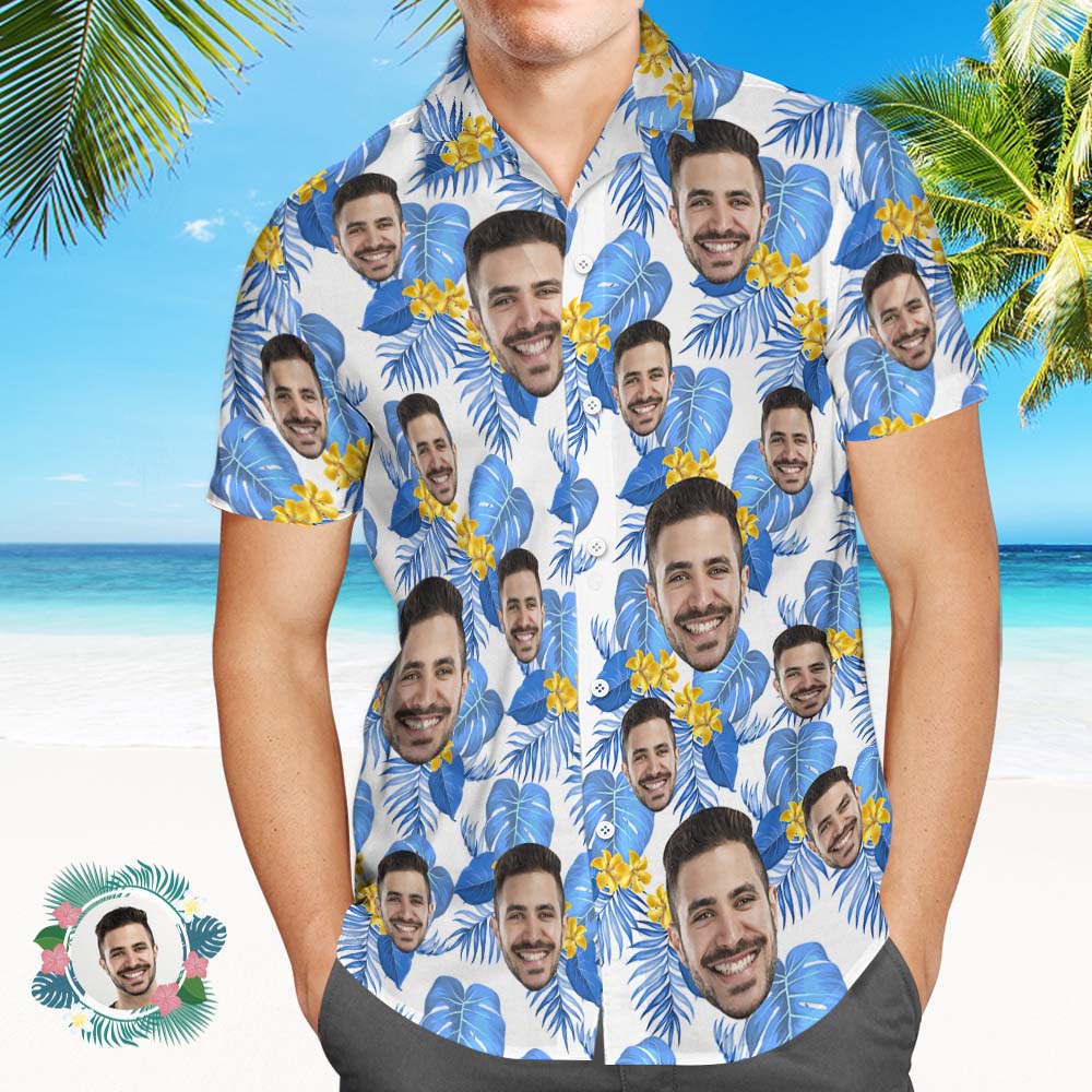 Camisa Hawaiana Personalizada Con Hojas Tropicales, Regalo De Cumpleaños, Flores Amarillas, Camisa Hawaiana Azul. - CustWitES